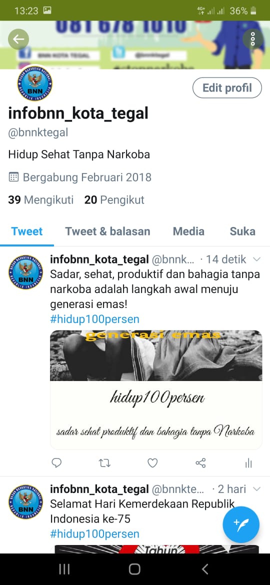 Diseminasi Informasi P4GN melalui Twitter BNNK Tegal Diseminasi Informasi P4GN melalui Twitter BNNK Tegal