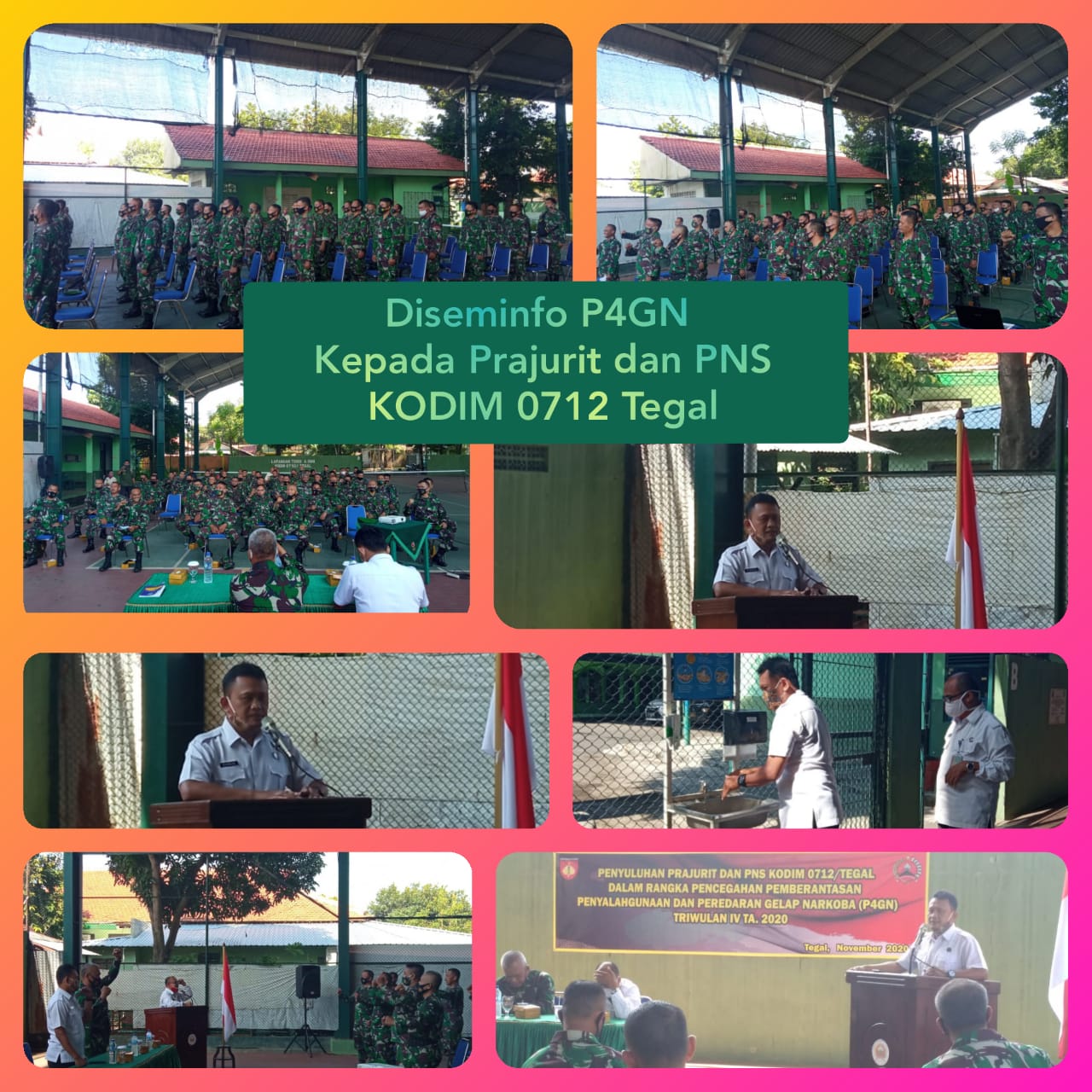 Diseminasi Informasi P4GN melalui sosialisasi bahaya Narkoba Kepada Prajurit dan PNS Kodim 0712 Tegal Diseminasi Informasi P4GN melalui sosialisasi bahaya Narkoba Kepada Prajurit dan PNS Kodim 0712 Tegal